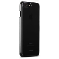Czarne etui Moshi XT do iPhone 7/8 Plus w ujęciu z profilu, ukazujące przezroczystą konstrukcję, wycięcie na aparat oraz logo marki na tylnej obudowie.