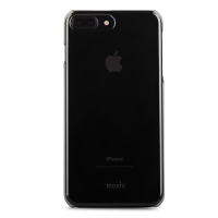 Czarne etui Moshi XT na iPhone 7/8 Plus z przezroczystymi krawędziami, ukazujące tylny panel urządzenia z logo Apple oraz napisem Moshi na dole obudowy.