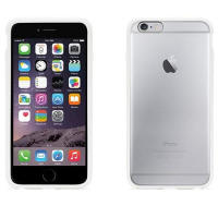 Przezroczyste etui Griffin Reveal na srebrnym iPhone 6/6s Plus, widok na przedni panel z ikonami aplikacji oraz na tylną obudowę z logo Apple i aparatem.