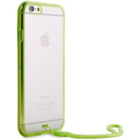 Limonkowe etui Puro Clear Cover Easy Photo do iPhone 6/6s z przezroczystymi pleckami, widocznym logo Apple oraz dołączoną smyczą w kolorze obudowy.