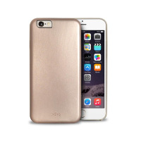 Złote etui PURO Vegan do iPhone 6/6s Plus z logo marki na dole, obok telefon z włączonym ekranem startowym systemu iOS i widoczną wyspą aparatu.
