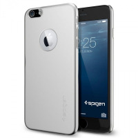 Srebrne etui Spigen Thin Fit do iPhone 6/6s Plus z wycięciem na logo Apple, ukazujące tył obudowy oraz przedni panel telefonu z widocznym logo producenta.