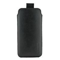 Czarne skórzane etui wsuwka Valenta Pock classic do iPhone 6 i 6s z widocznym uchwytem do wyciągania telefonu oraz wytłoczonym logo marki na dole.