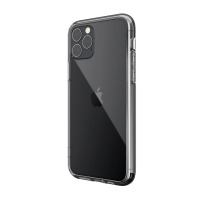 Przezroczyste etui X-Doria Glass Plus na czarnym iPhone 11 Pro, widok z profilu prezentujący wyspę aparatów oraz precyzyjne wycięcia na przyciski boczne.