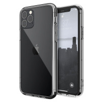 Przezroczyste etui X-Doria Glass Plus do iPhone 11 Pro nałożone na telefon, prezentujące widok na plecki z wyspą aparatów oraz przedni panel z ekranem.