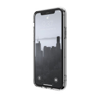Przezroczyste etui X-Doria Glass Plus na iPhone 11 Pro, ukazane w ujęciu izometrycznym z widocznym ekranem blokady z godziną 9:37 i tapetą miasta.