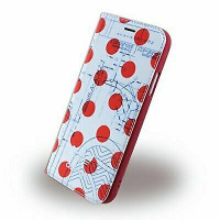 Etui typu booklet marki Adidas do iPhone X w kolorze biało-czerwonym, ozdobione wzorem w czerwone kropki oraz technicznymi liniami rysunku technicznego.