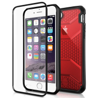 Czerwone etui iTskins Evolution do iPhone 7/8/SE 2020 z widoczną strukturą plastra miodu na pleckach oraz dodatkową ramką ochronną na przedni panel telefonu.