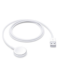 Oryginalny biały przewód Apple do ładowania magnetycznego Apple Watch o długości 1 metra z okrągłą końcówką ładującą i wtykiem USB-A na końcu kabla.