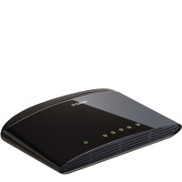 Czarny switch D-Link 5x10/100Mbps o zaokrąglonym profilu, widoczny z góry pod kątem, z rzędem zielonych diod sygnalizacyjnych na przednim panelu obudowy.