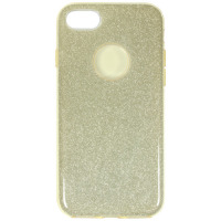 Złote etui eStuff Sparkle do iPhone 7, 8 oraz SE 2020 z brokatową fakturą, widocznym wycięciem na aparat oraz centralnym otworem na logo Apple.