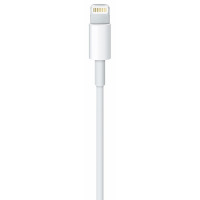 Biały przewód Apple Lightning ze złączem USB, ukazujący metalową końcówkę z ośmioma stykami oraz gładką, plastikową obudowę wtyku na jednolitym tle.