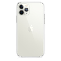 Przezroczyste etui Apple Clear Case na iPhone 11 Pro, ukazujące tył urządzenia z charakterystyczną potrójną wyspą aparatów oraz logo Apple na środku obudowy.
