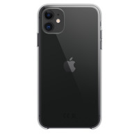 Przezroczyste etui Apple Clear Case na czarnym iPhone 11, ukazujące tylny panel z wyspą aparatów, logo Apple oraz oznaczenia certyfikatów CE na dole.