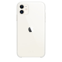 Przezroczyste etui Apple Clear Case nałożone na białego iPhone 11, widok na tylną obudowę z charakterystyczną wyspą aparatów oraz logo Apple na środku.