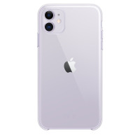 Przezroczyste etui Apple Clear Case na jasnofioletowym iPhone 11, ukazujące tył urządzenia z charakterystyczną wyspą aparatów i logo producenta.