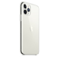 Przezroczyste etui Apple Clear Case na iPhone 11 Pro, widok z tyłu prezentujący potrójny aparat fotograficzny oraz logo Apple na obudowie telefonu.