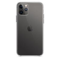 Przezroczyste etui Apple Clear Case nałożone na szarego iPhone 11 Pro, ukazujące tylny panel urządzenia z charakterystyczną potrójną wyspą aparatów.
