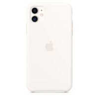 Białe etui silikonowe Apple do iPhone 11 z wycięciem na podwójny aparat, widok na tylną część obudowy z charakterystycznym logo producenta na środku.