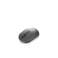 Szara mysz bezprzewodowa Dell MS3320W z łącznością WiFi i Bluetooth, ukazana w ujęciu z góry pod kątem, z widocznym centralnym przyciskiem i rolką.