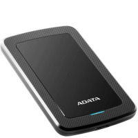 Czarny dysk zewnętrzny ADATA HV300 o smukłej obudowie z perforowanym wzorem, widoczny pod kątem z podświetloną na niebiesko diodą LED oraz portem USB.