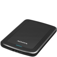 Czarny dysk zewnętrzny ADATA HV300 o smukłej obudowie z kropkowaną fakturą, widoczny port USB na dolnej krawędzi oraz świecący na niebiesko wskaźnik pracy.
