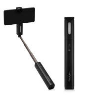 Czarny selfie stick Spigen S550W LED z wysuwanym ramieniem i uchwytem na smartfon oraz widok urządzenia w pozycji złożonej z przyciskami sterującymi.
