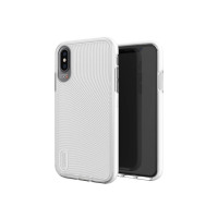 Białe etui Gear4 Battersea do iPhone X/Xs z charakterystyczną prążkowaną fakturą, widocznym logo D30 przy wyspie aparatów oraz przezroczystymi krawędziami.