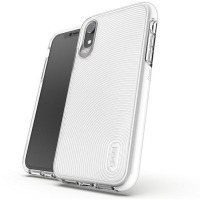 Białe etui Gear4 Battersea do iPhone XR z charakterystycznym wzorem falistych linii na pleckach oraz widocznym logotypem marki i oznaczeniem technologii D3O.