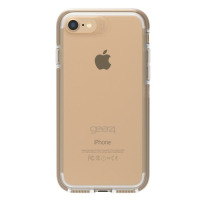 Złote etui Gear4 Piccadilly do iPhone 6, 6s, 7, 8 oraz SE 2020 z przezroczystymi krawędziami, widoczna wyspa aparatu i logo marki na pleckach telefonu.