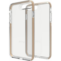 Przezroczyste etui Gear4 Piccadilly do iPhone 6, 6s, 7, 8 oraz SE 2020 ze złotą ramką ochronną D3O, ukazane w ujęciu izometrycznym z widocznym logo marki.