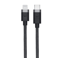 Czarny przewód Mophie USB-C do Lightning o długości 1m, prezentujący wtyczkę Lightning po lewej oraz złącze USB-C po prawej stronie na czarnym oplocie.