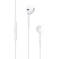 Białe słuchawki przewodowe Apple EarPods ze złączem Jack 3,5 mm do iPhone, widoczne z pilotem do regulacji głośności oraz oznaczeniem lewej słuchawki L.