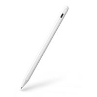 Biały rysik Tech-Protect Digital Stylus Pen do iPad 10.2 z widocznym portem ładowania USB-C oraz niebieską diodą LED na smukłej obudowie, ujęcie ukośne.