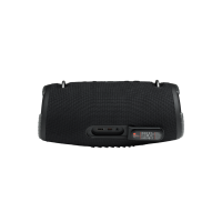 Czarny głośnik JBL Xtreme 3 widziany od tyłu z otwartą klapką odsłaniającą porty USB-A, USB-C oraz wejście AUX, z widocznymi zaczepami na pasek transportowy.