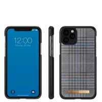 Szare etui iDeal of Sweden Oxford do iPhone 11 Pro z wzorem w kratę, widoczne z przodu, z profilu oraz od strony plecków z logo marki na złotej blaszce.
