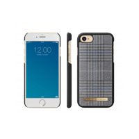 Szare etui iDeal Of Sweden w kratę do iPhone 6, 6s, 7, 8 oraz SE 2020, prezentowane w trzech ujęciach: z przodu, z boku oraz od strony plecków z logo marki.
