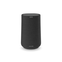 Czarny głośnik Harman Kardon Citation 100 o cylindrycznym kształcie z widocznym panelem dotykowym na górze oraz czterema diodami stanu na froncie obudowy.