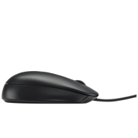 Czarna mysz laserowa HP USB o rozdzielczości 1000 dpi, ukazana z profilu, prezentująca ergonomiczny kształt obudowy oraz przewód wychodzący z przodu urządzenia.