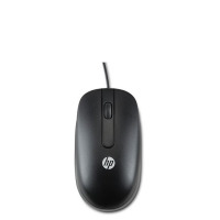 Czarna mysz laserowa HP USB 1000 dpi z przewodem, widok z góry na dwa przyciski, rolkę przewijania oraz centralnie umieszczone srebrne logo producenta HP.