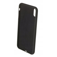 Czarne etui silikonowe KMP do iPhone Xs Max, widok na wnętrze wyłożone miękkim materiałem z wycięciem na aparat oraz logotypem marki na dole obudowy.