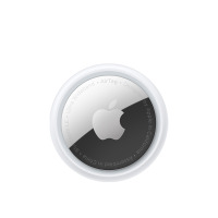 Lokalizator Apple AirTag w kolorze białym ze srebrną metalową obudową, na której widoczne jest logo Apple oraz napisy informacyjne o technologii i produkcji.