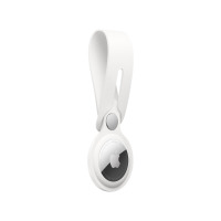 Biały pasek Apple do lokalizatora AirTag z metalowym zapięciem, ukazujący urządzenie z widocznym logo producenta oraz napisem Assembled in China na obudowie.