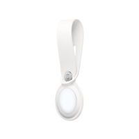 Biały pasek Apple do lokalizatora AirTag z metalowym zapięciem typu nap, ukazany w pionowej orientacji na jednolitym tle, prezentujący minimalistyczny design.