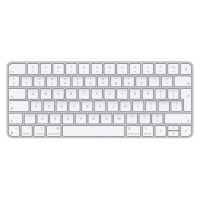 Biała klawiatura Apple Magic Keyboard z układem klawiszy funkcyjnych, widok z góry na minimalistyczny design z charakterystycznym układem przycisków.