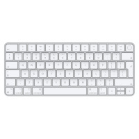Biała klawiatura Apple Magic Keyboard z Touch ID dla komputerów Mac, widoczna z góry w układzie QWERTY z dedykowanym przyciskiem czytnika linii papilarnych.