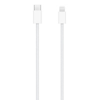 Biały przewód Apple USB-C na Lightning w oplocie, z widocznymi końcówkami złącz, przeznaczony do ładowania i synchronizacji urządzeń marki Apple.