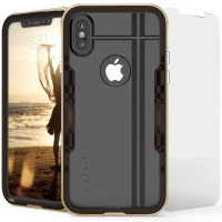 Brązowo-złote etui Zizo Shock Case do iPhone X/Xs z wycięciem na logo Apple i aparat, ukazane w widoku z przodu, z tyłu oraz z dołączoną szybką ochronną.