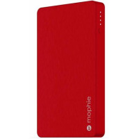 Czerwony powerbank Mophie Powerstation ze złączem Lightning, widoczny z boku z diodami LED stanu naładowania oraz logotypem marki na obudowie.