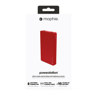 Czerwony powerbank Mophie Powerstation ze złączem Lightning w opakowaniu, widoczne dwa porty USB, wskaźnik naładowania oraz oznaczenie 16 godzin baterii.